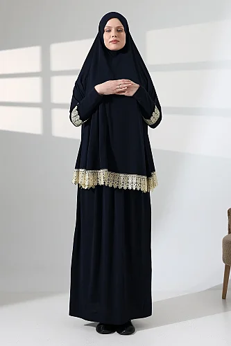 Two Piece Scalloped Practical Upper and Lower Prayer Dress 8018 Navy Blue - 6