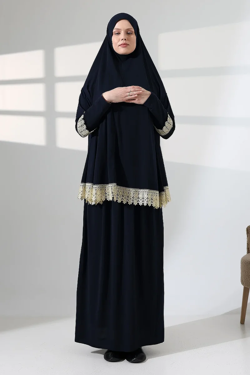 Two Piece Scalloped Practical Upper and Lower Prayer Dress 8018 Navy Blue - 6