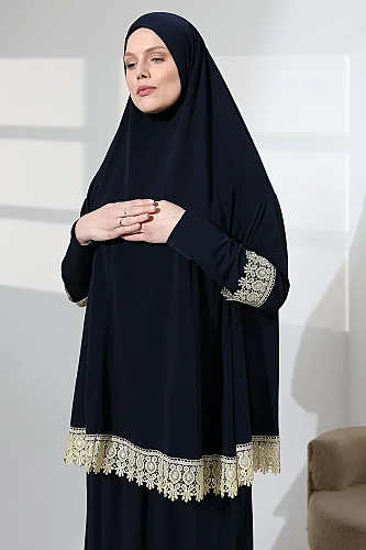 Two Piece Scalloped Practical Upper and Lower Prayer Dress 8018 Navy Blue - 7