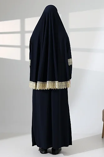 Two Piece Scalloped Practical Upper and Lower Prayer Dress 8018 Navy Blue - 8
