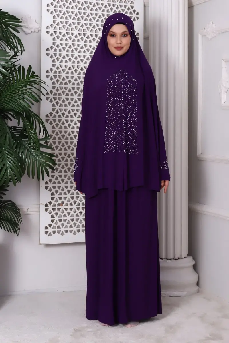 Two Pieces Stone Top and Bottom Practical Prayer Dress 8017 Purple - 1