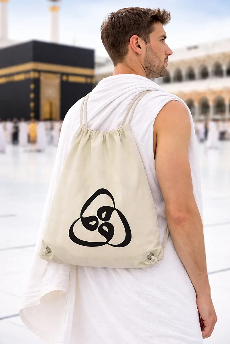 Üç Vavlı Baskılı Ham Bez Sırt Çantası, Büzgülü Ayarlanabilir Terletmeyen Unisex Hac Umre Çantası - 1