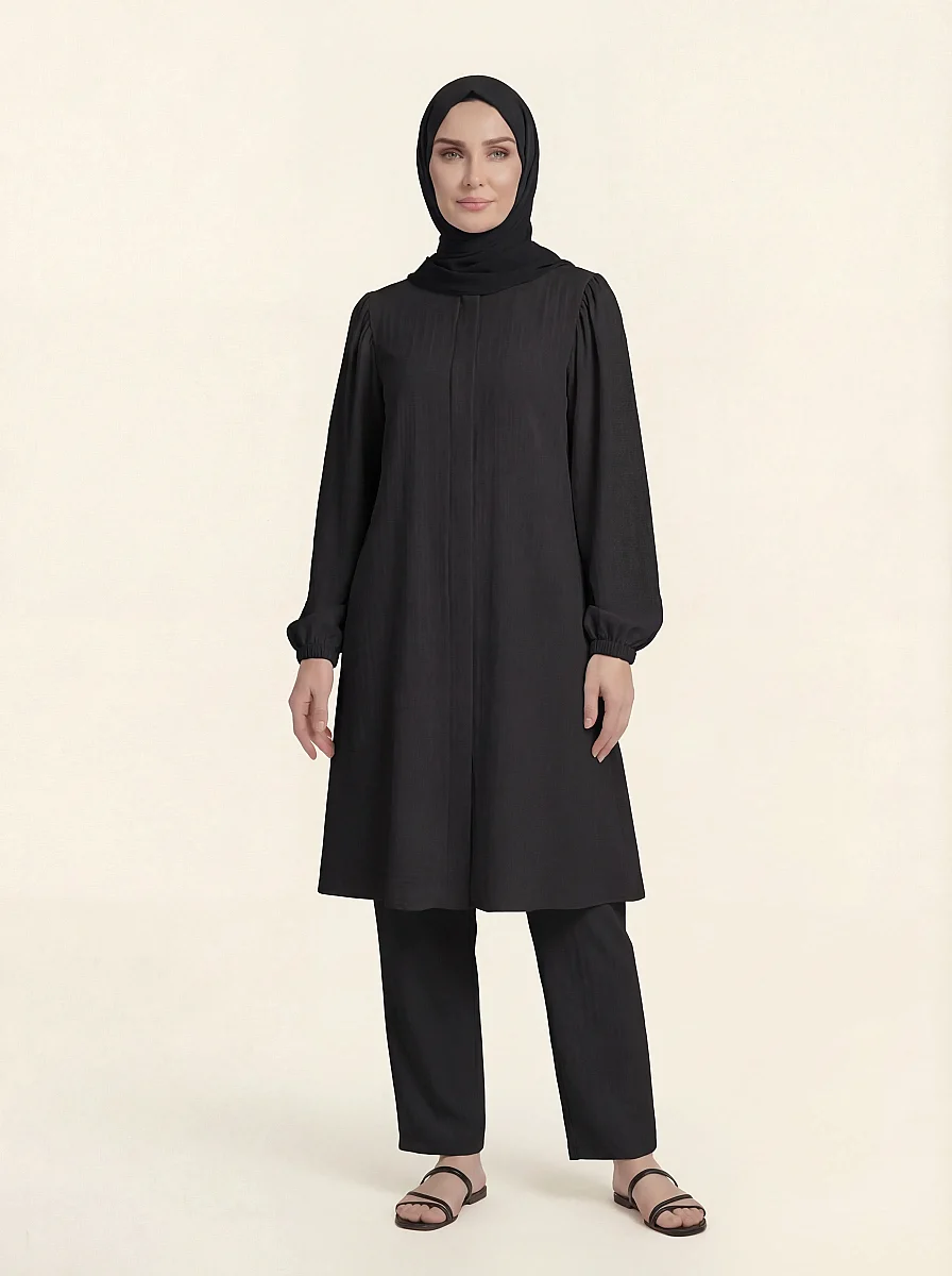 Umre Takımı Tunik Pantolonlu Lastik Manşetli Uzun Kollu Rahat Kesim Siyah 9674-26 - 1