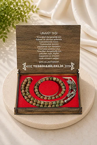 Unakit Taşı 33 lu Tesbih ve Bileklik Seti – Ahşap Kutulu Doğal Taş Hediye Seti - 1