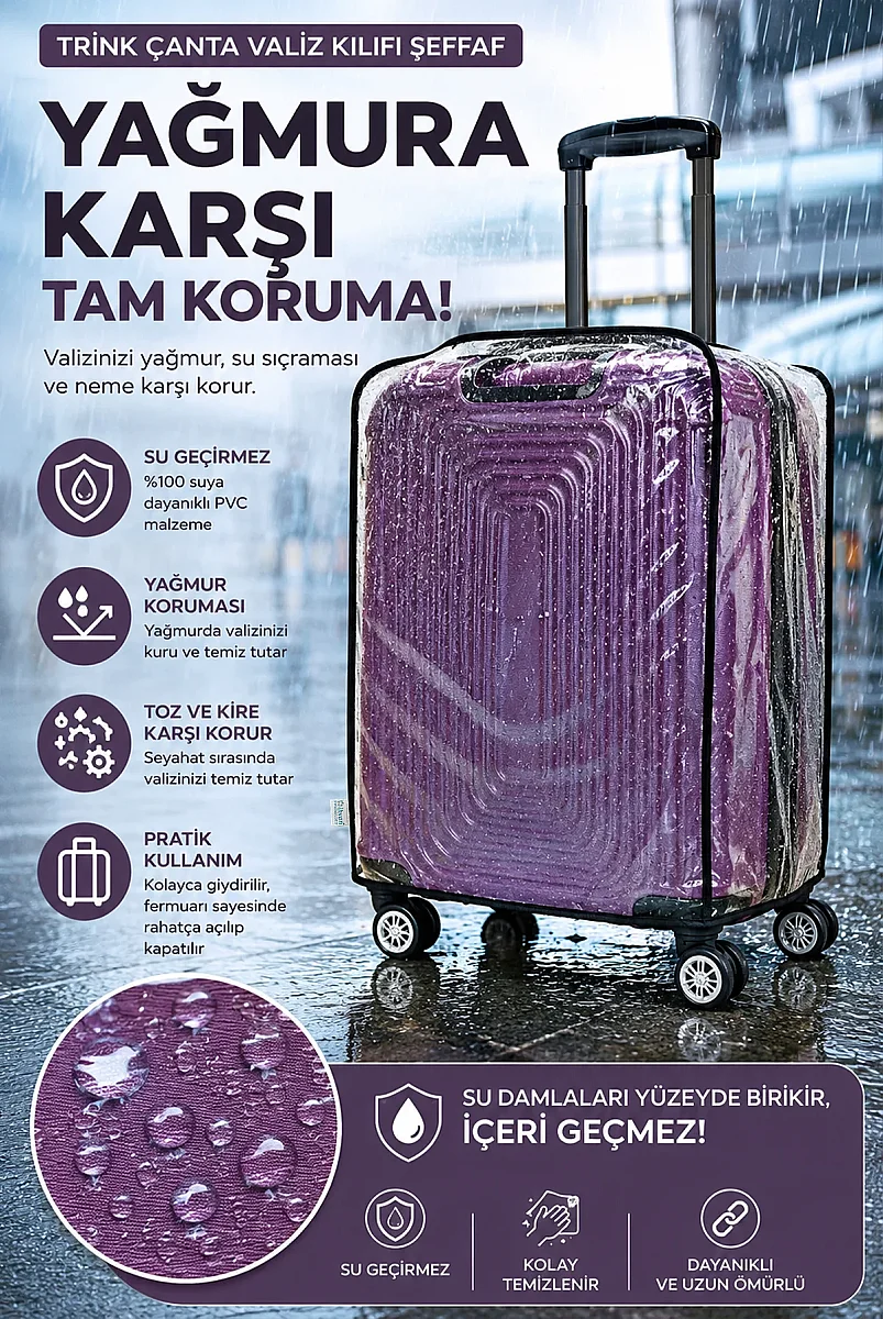 Valiz Koruyucu Kılıf Şeffaf Su Geçirmez Bavul Kılıfı Kir Tutmaz Kolay Temizlenebilir PVC - Büyük Boy - 3