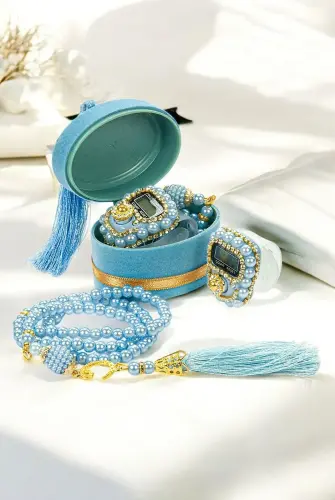 Velvet Boxed Mevlüt Gift Set with Zikirmatik and Pearl Rosary Blue - 1
