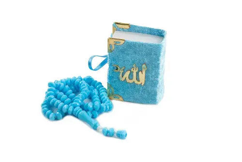 Velvet Covered Mini Quran with Box - Rosary - Blue - ihvanonline (1)