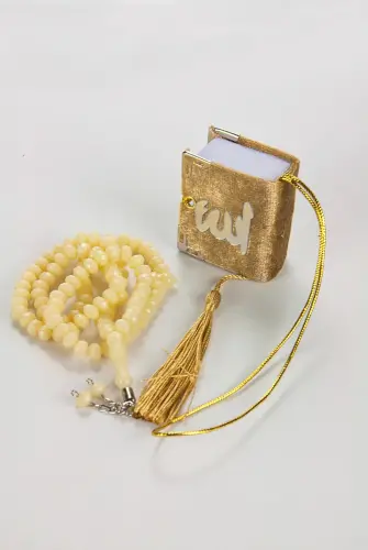 Velvet Covered Mini Quran with Box - Rosary - Plexiglass - Gold - 2