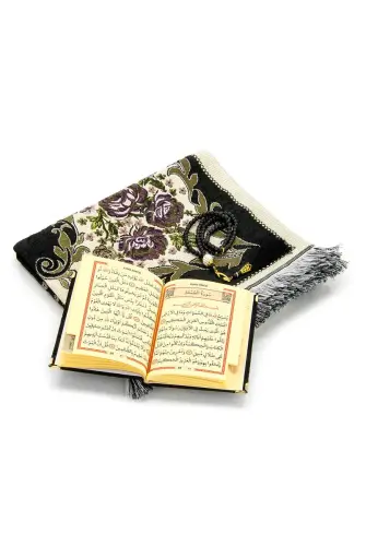 Velvet Pouch Luxury Prayer Rug Set - Black Color - ihvanonline (1)