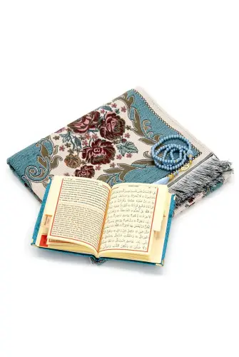 Velvet Pouch Luxury Prayer Rug Set - Petrol Color - 2