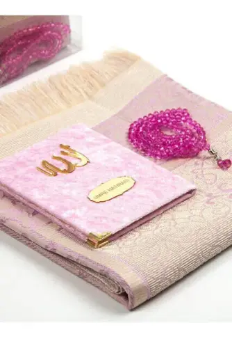Velvet Yasin Book Bag Size Pink With Special Nameplate Prayer Rug with Rosary Box - İhvan (1)