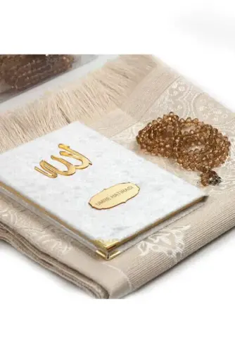 Velvet Yasin Book Bag Size White with Special Nameplate Prayer Rug with Rosary Box - 2