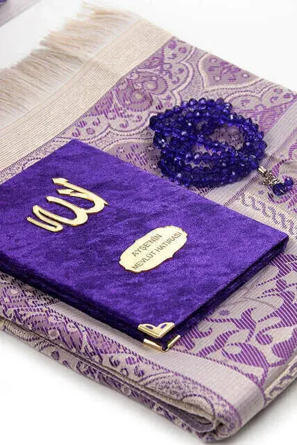 Velvet Yasin Book Bag with Special Nameplate Prayer Rug with Rosary Box Purple - 2