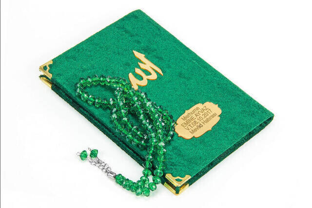 Velvet Coated Yasin Book - Bag Boy - Name Special Plate - Rosary - Boxed - Green Color - Mevlid Gift