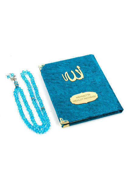 Velvet Coated Yasin Book - Bag Boy - Name Special Plate - Rosary - Keseli - Petrol Renk - Mevlut Gift