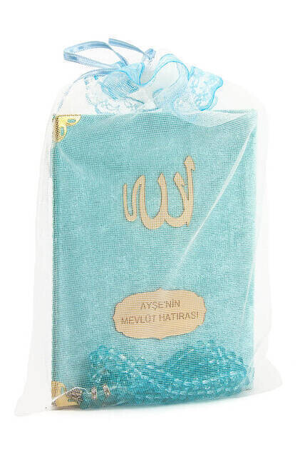 Velvet Coated Yasin Book - Bag Boy - Name Special Plate - Rosary - Marsupeli - Blue Color - Mevlut Gift - Thumbnail