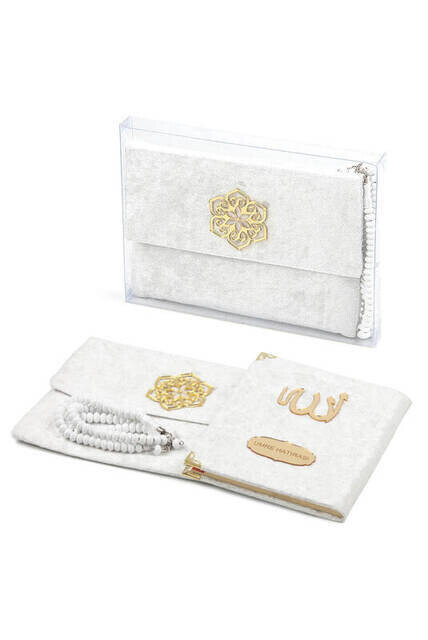 Velvet Coated Yasin Book - Bag Boy - Name Special Plate - Rosary - Marsupian - Boxed - White Color - Mevlit Gift - Thumbnail