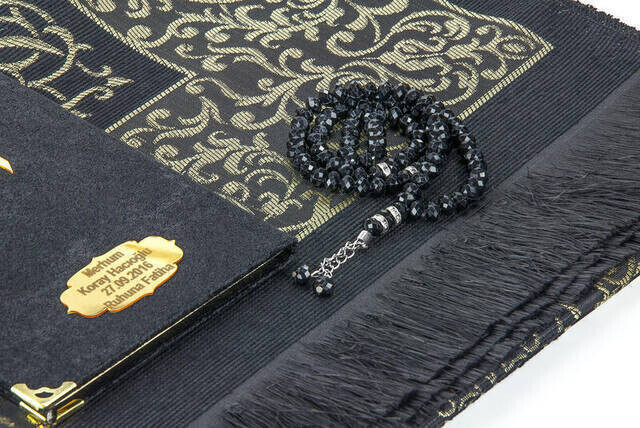 Velvet Coated Yasin Book - Bag Boy - Name Special Plate - Seccadeli - Rosary - Boxed - Black Color - Mevlid Gift - Thumbnail