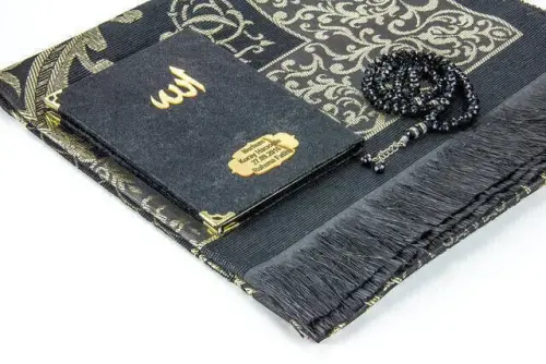Velvet Coated Yasin Book - Bag Boy - Name Special Plate - Seccadeli - Rosary - Boxed - Black Color - Mevlid Gift - İhvan (1)