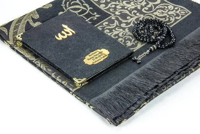 Velvet Coated Yasin Book - Bag Boy - Name Special Plate - Seccadeli - Rosary - Boxed - Black Color - Mevlid Gift - 2