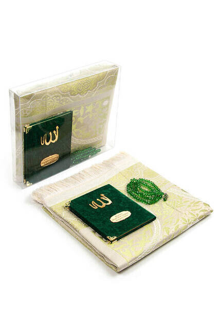 Velvet Coated Yasin Book - Bag Boy - Name Special Plate - Seccadeli - Rosary - Boxed - Green Color - Mevlid Gift Set