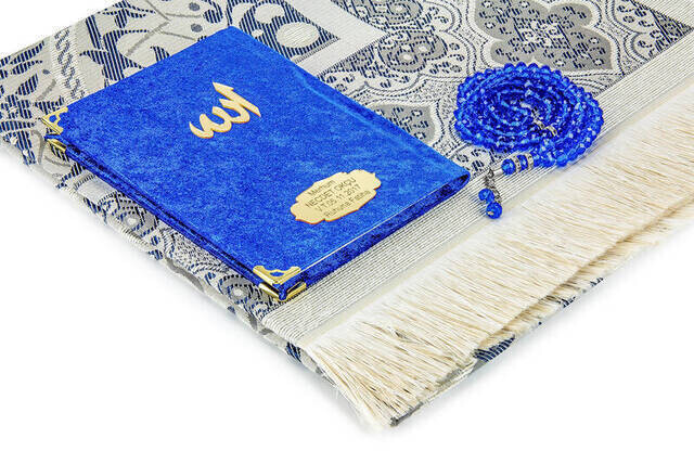 Velvet Coated Yasin Book - Bag Boy - Name Special Plate - Seccadeli - Rosary - Boxed - Navy Blue - Mevlid Gift
