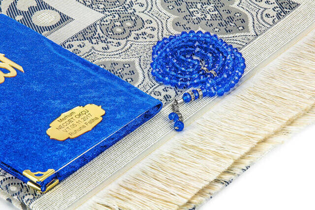 Velvet Coated Yasin Book - Bag Boy - Name Special Plate - Seccadeli - Rosary - Boxed - Navy Blue - Mevlid Gift