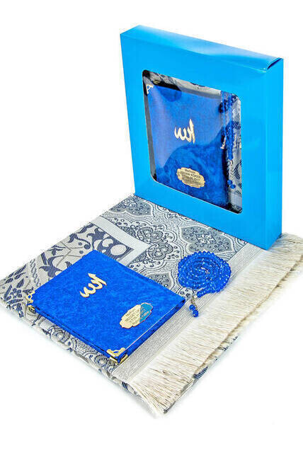 Velvet Coated Yasin Book - Bag Boy - Name Special Plate - Seccadeli - Rosary - Boxed - Navy Blue - Mevlut Gift