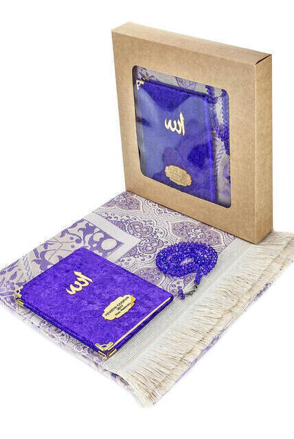 Velvet Coated Yasin Book - Bag Boy - Name Special Plate - Seccadeli - Rosary - Boxed - Purple - Mevlut Gift - Thumbnail