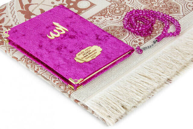 Velvet Coated Yasin Book - Bag Boy - Name Special Plate - Seccadeli - Rosary - Boxed - Pushhya - Mevlut Gift