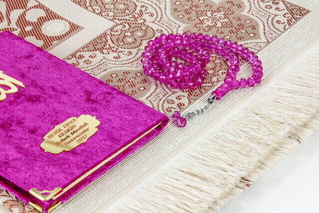 Velvet Coated Yasin Book - Bag Boy - Name Special Plate - Seccadeli - Rosary - Boxed - Pushhya - Mevlut Gift