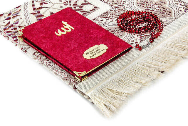 Velvet Coated Yasin Book - Bag Boy - Name Special Plate - Seccadeli - Rosary - Boxed - Red - Mevlut Gift