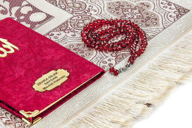 Velvet Coated Yasin Book - Bag Boy - Name Special Plate - Seccadeli - Rosary - Boxed - Red - Mevlut Gift
