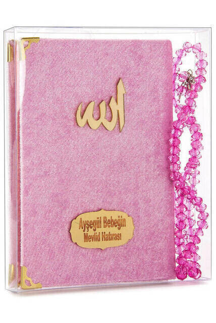 Velvet Coated Yasin Book - Cep Boy - Name Special Plate - Rosary - Boxed - Pink - Mevlut Gift - Thumbnail