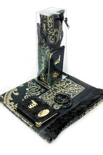 Velvet Coated Yasin Book - Cep Boy - Name Special Plate - Seccadeli - Rosary - Boxed - Black - Mevlut Gift