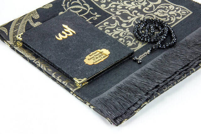 Velvet Coated Yasin Book - Cep Boy - Name Special Plate - Seccadeli - Rosary - Boxed - Black - Mevlut Gift