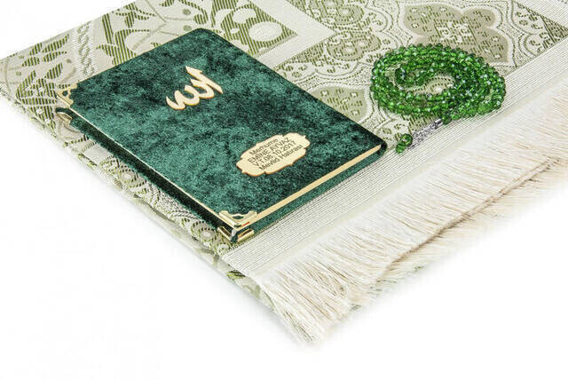 Velvet Coated Yasin Book - Cep Boy - Name Special Plate - Seccadeli - Rosary - Boxed - Green - Mevlut Gift
