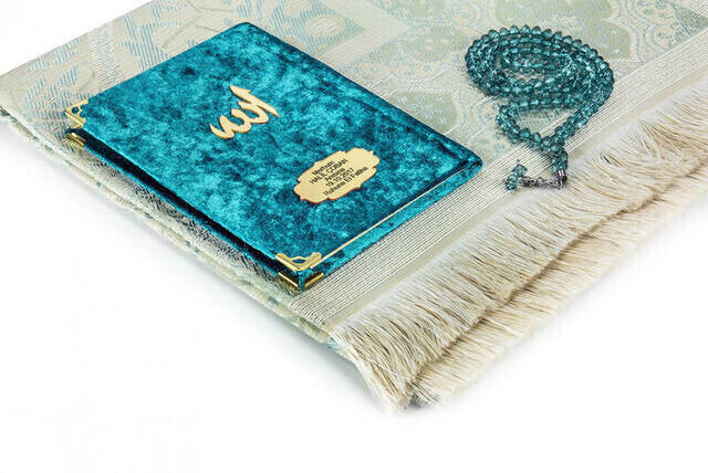Velvet Coated Yasin Book - Cep Boy - Name Special Plate - Seccadeli - Rosary - Boxed - Petrol - Mevlut Gift - Thumbnail