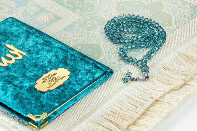 Velvet Coated Yasin Book - Cep Boy - Name Special Plate - Seccadeli - Rosary - Boxed - Petrol - Mevlut Gift - Thumbnail