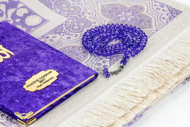 Velvet Coated Yasin Book - Cep Boy - Name Special Plate - Seccadeli - Rosary - Boxed - Purple - Mevlut Gift