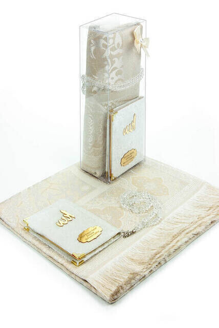 Velvet Coated Yasin Book - Cep Boy - Name Special Plate - Seccadeli - Rosary - Boxed - White - Mevlut Gift - Thumbnail