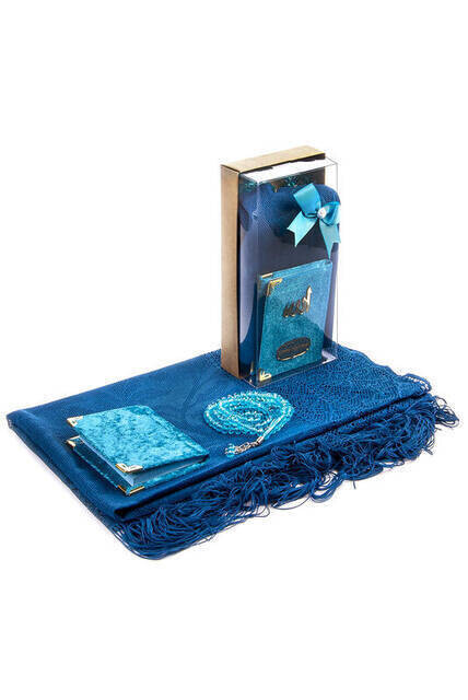 Velvet Coated Yasin Book - Cep Boy - Name Special Plate - Tulle Shawl - Rosary - Boxed - Petroleum Color - Islamic Gift - Thumbnail