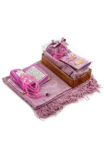 Velvet Coated Yasin Book - Cep Boy - Name Special Plate - Tulle Shawl - Rosary - Boxed - Pink Color - Islamic Gift - İhvan (1)