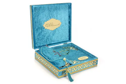 Velvet Covered Box Personalized Gift Quran Set with Prayer Rug Blue - ihvanonline (1)