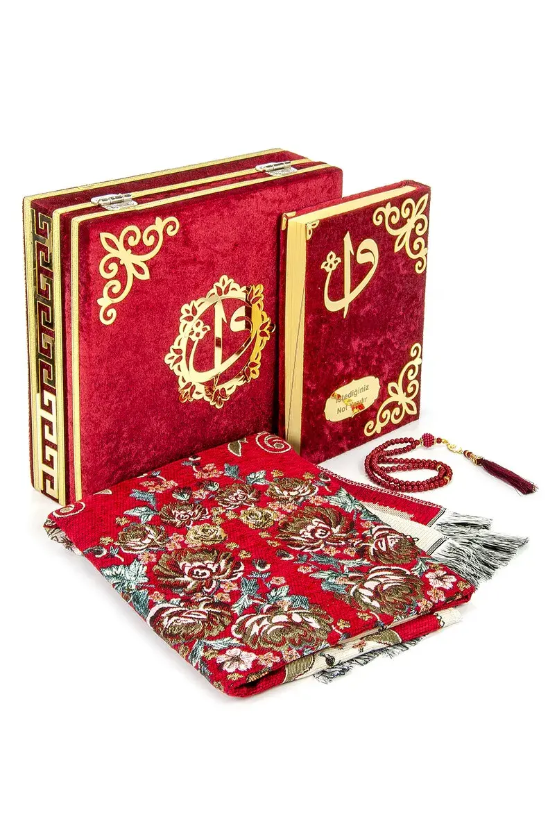 Velvet Covered Box Personalized Gift Quran Set with Prayer Rug Red - 1