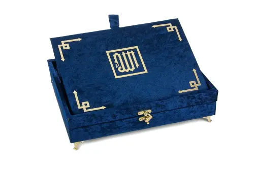 Velvet Covered Gift Quran Set with Recliner - Navy Blue - 3