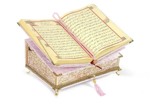 Velvet Covered Personalized Gift Quran Set with Chest and Chair Pink - ihvanonline (1)