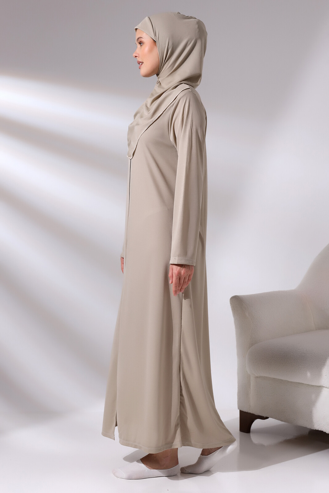 Vizon Kadın Pratik Başörtülü Fermuarlı Tek Parça Namaz Elbisesi Seccade Seti - Thumbnail