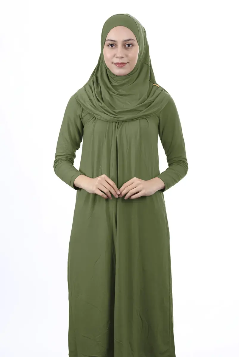 Waiter Size 12-15 Years Old Khaki One Piece Women's Prayer Dress with Headscarf - 1