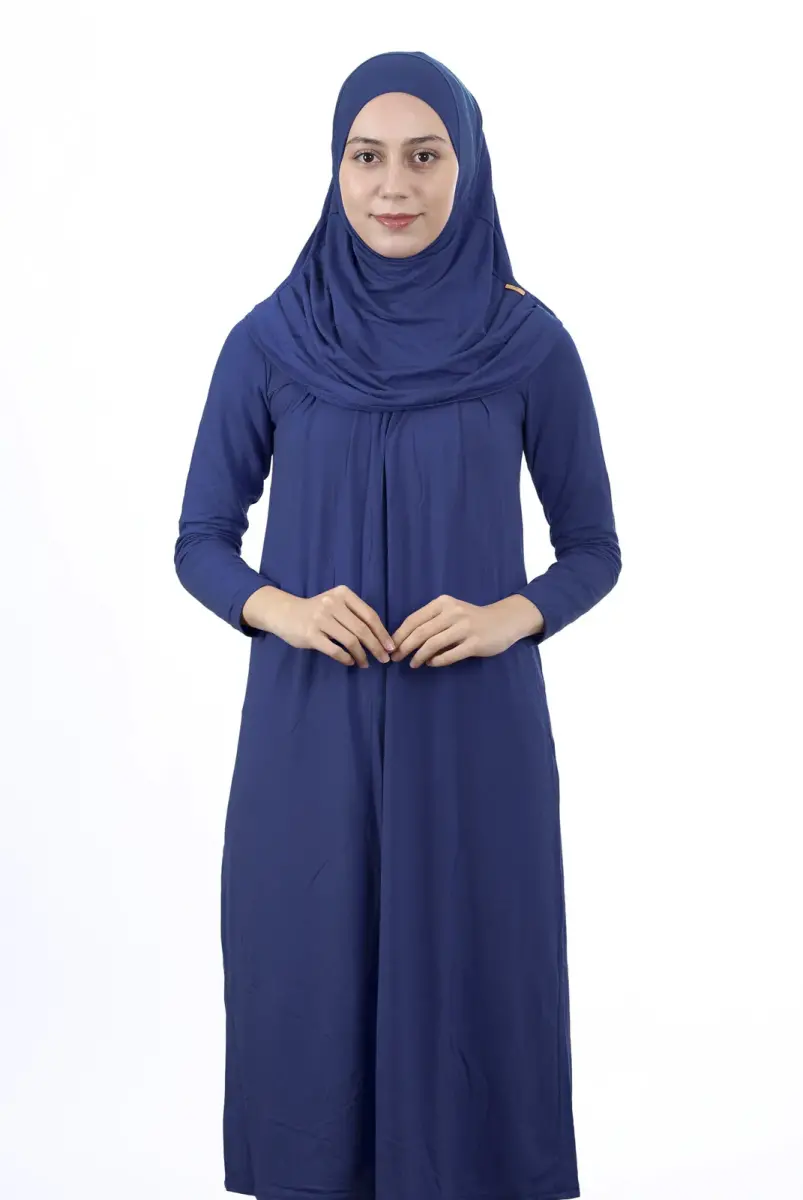 Waiter Size 12-15 Years Old Navy Blue One Piece Women's Prayer Dress with Headscarf - 1